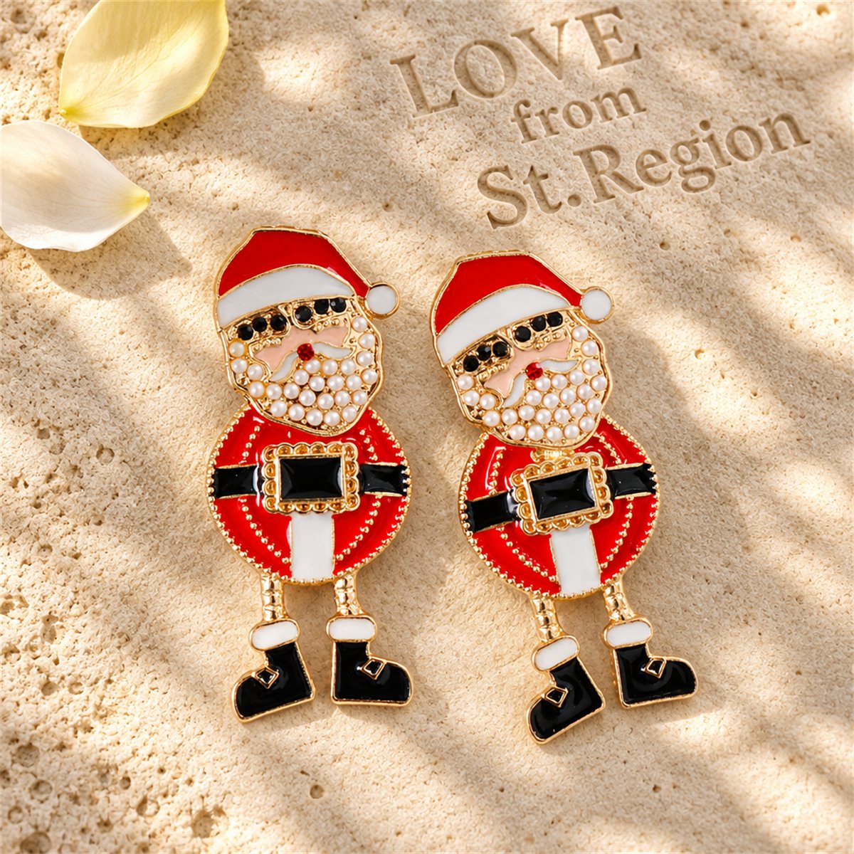 Red Enamel and Pearl 18K Gold-Plated Santa Drop Earrings, gold drop earrings for women, elegant gift for her, lifestyle look