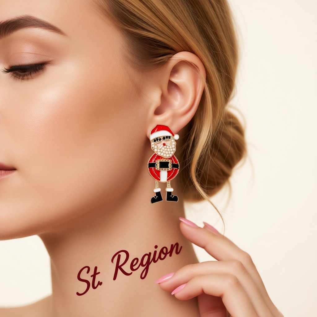 Red Enamel and Pearl 18K Gold-Plated Santa Drop Earrings, gold drop earrings for women, elegant gift for her, styled look