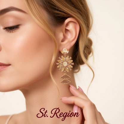Yellow Crystal and Cubic Zirconia Sunflower Drop Earrings, drop earrings for women, vintage-inspired design, styled look
