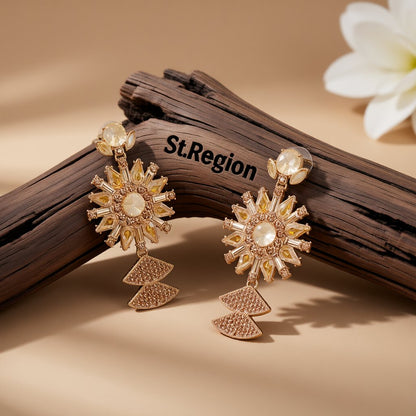 Yellow Crystal and Cubic Zirconia Sunflower Drop Earrings, drop earrings for women, vintage-inspired design, front view