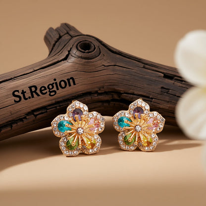 Teal Multicolor Crystal and Cubic Zirconia Flower Stud Earrings, cubic zirconia stud earrings for women, front view