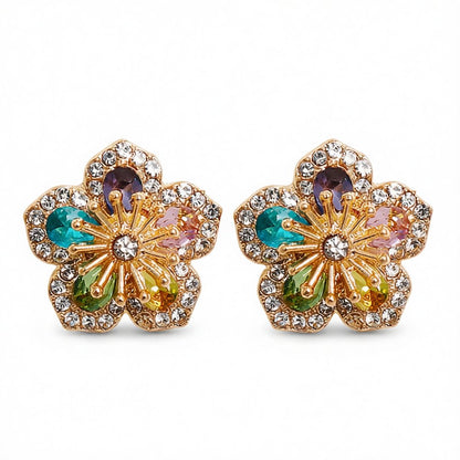 Teal Multicolor Crystal and Cubic Zirconia Flower Stud Earrings, cubic zirconia stud earrings for women, side view