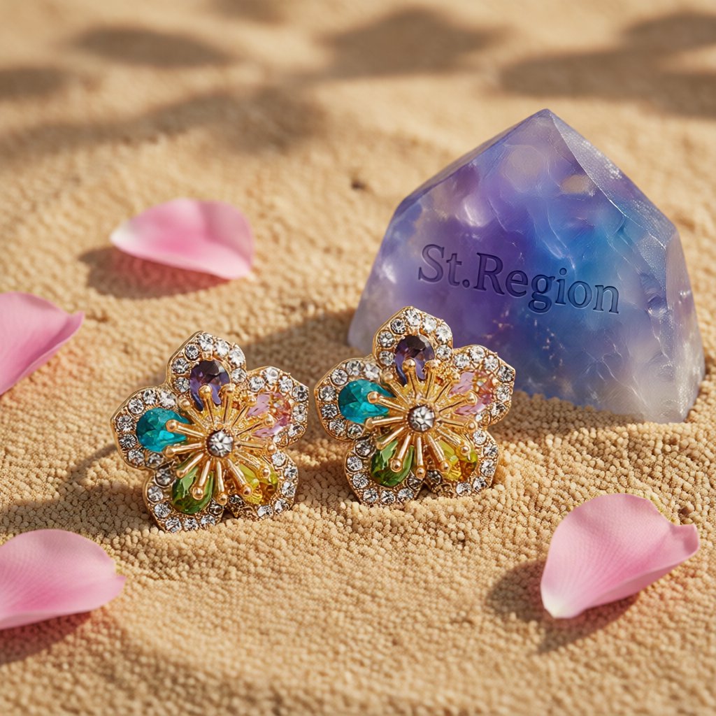 Teal Multicolor Crystal and Cubic Zirconia Flower Stud Earrings, cubic zirconia stud earrings for women, detail close-up