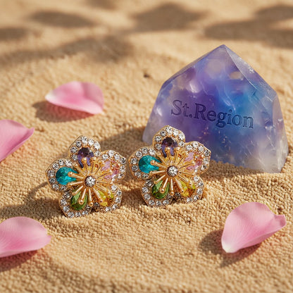 Teal Multicolor Crystal and Cubic Zirconia Flower Stud Earrings, cubic zirconia stud earrings for women, detail close-up