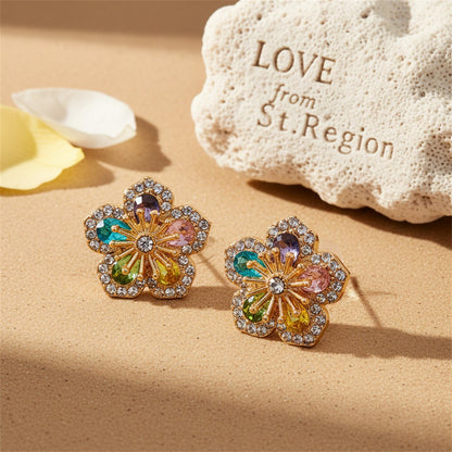 Teal Multicolor Crystal and Cubic Zirconia Flower Stud Earrings, cubic zirconia stud earrings for women, lifestyle look