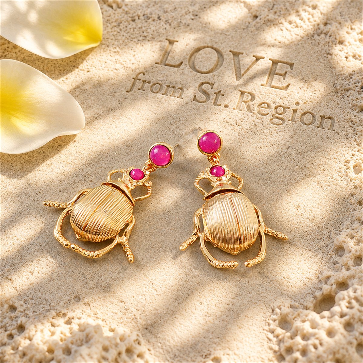 Pink Resin and 18K Gold-Plated Beetle Drop Earrings, gold drop earrings for women, dainty minimalist design, lifestyle look