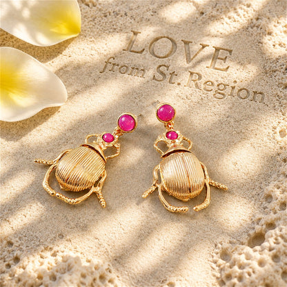 Pink Resin and 18K Gold-Plated Beetle Drop Earrings, gold drop earrings for women, dainty minimalist design, lifestyle look