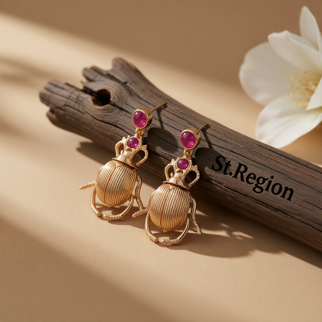 Pink Resin and 18K Gold-Plated Beetle Drop Earrings, gold drop earrings for women, dainty minimalist design, front view