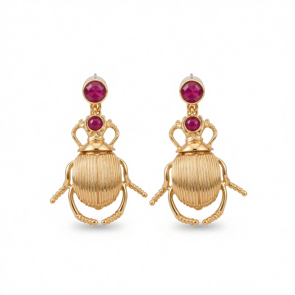Pink Resin and 18K Gold-Plated Beetle Drop Earrings, gold drop earrings for women, dainty minimalist design, side view