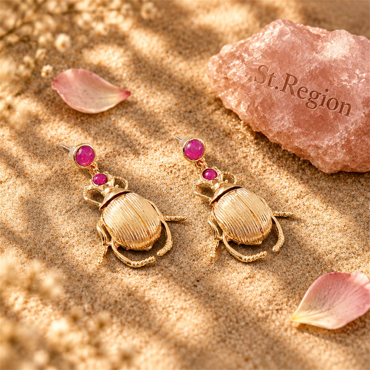 Pink Resin and 18K Gold-Plated Beetle Drop Earrings, gold drop earrings for women, dainty minimalist design, detail close-up