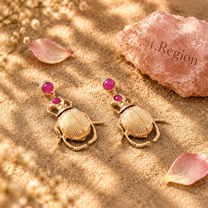 Pink Resin and 18K Gold-Plated Beetle Drop Earrings, gold drop earrings for women, dainty minimalist design, detail close-up
