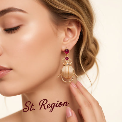 Pink Resin and 18K Gold-Plated Beetle Drop Earrings, gold drop earrings for women, dainty minimalist design, styled look