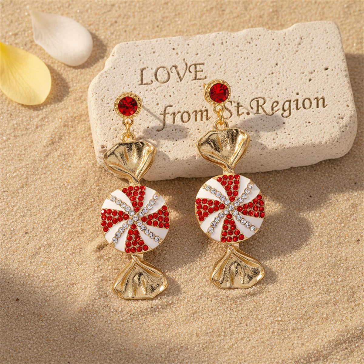 Red and Cubic Zirconia and White Enamel Pavé Tiered Candy Drop Earrings, drop earrings for women, lifestyle look