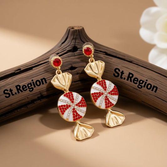 Red and Cubic Zirconia and White Enamel Pavé Tiered Candy Drop Earrings, drop earrings for women, front view