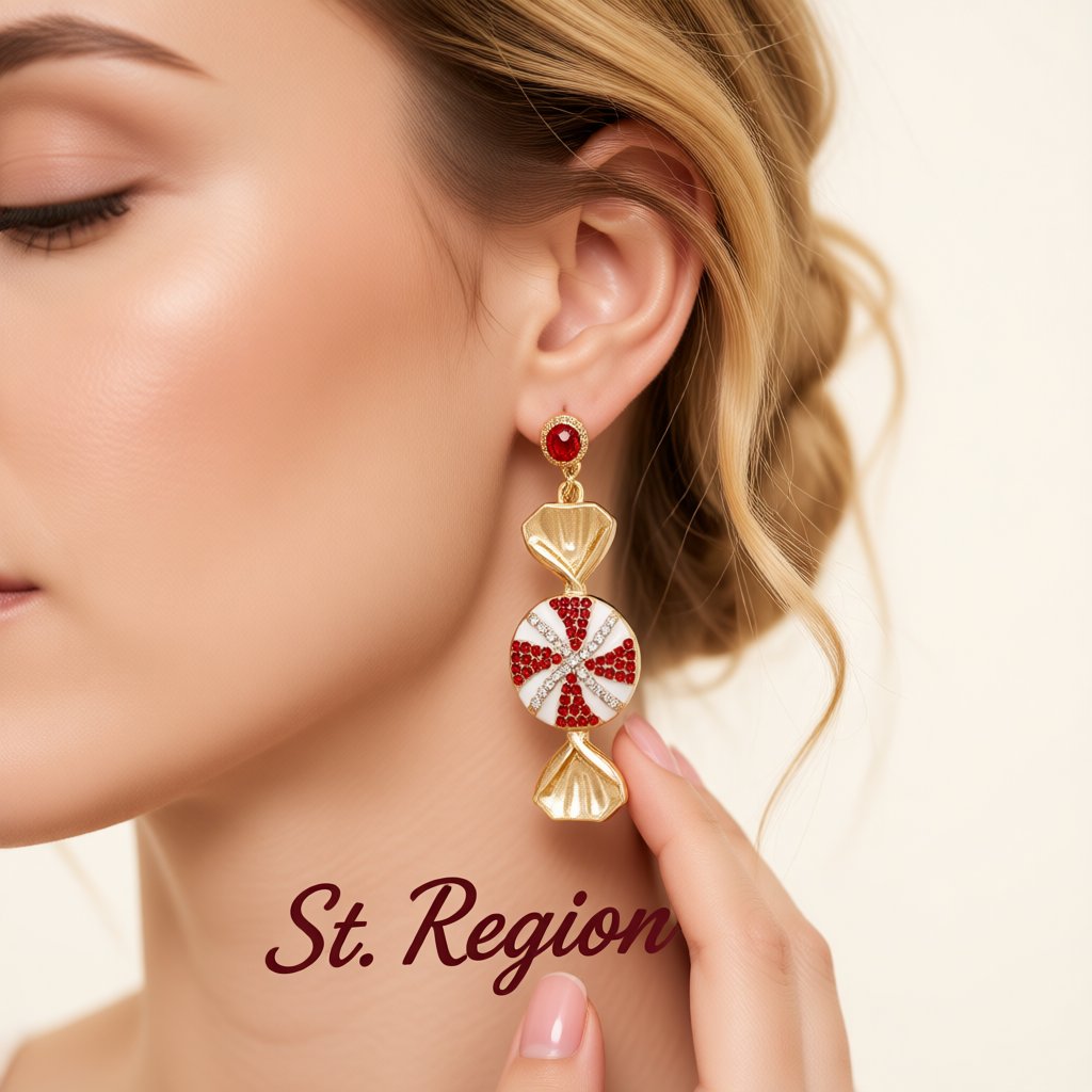 Red and Cubic Zirconia and White Enamel Pavé Tiered Candy Drop Earrings, drop earrings for women, styled look