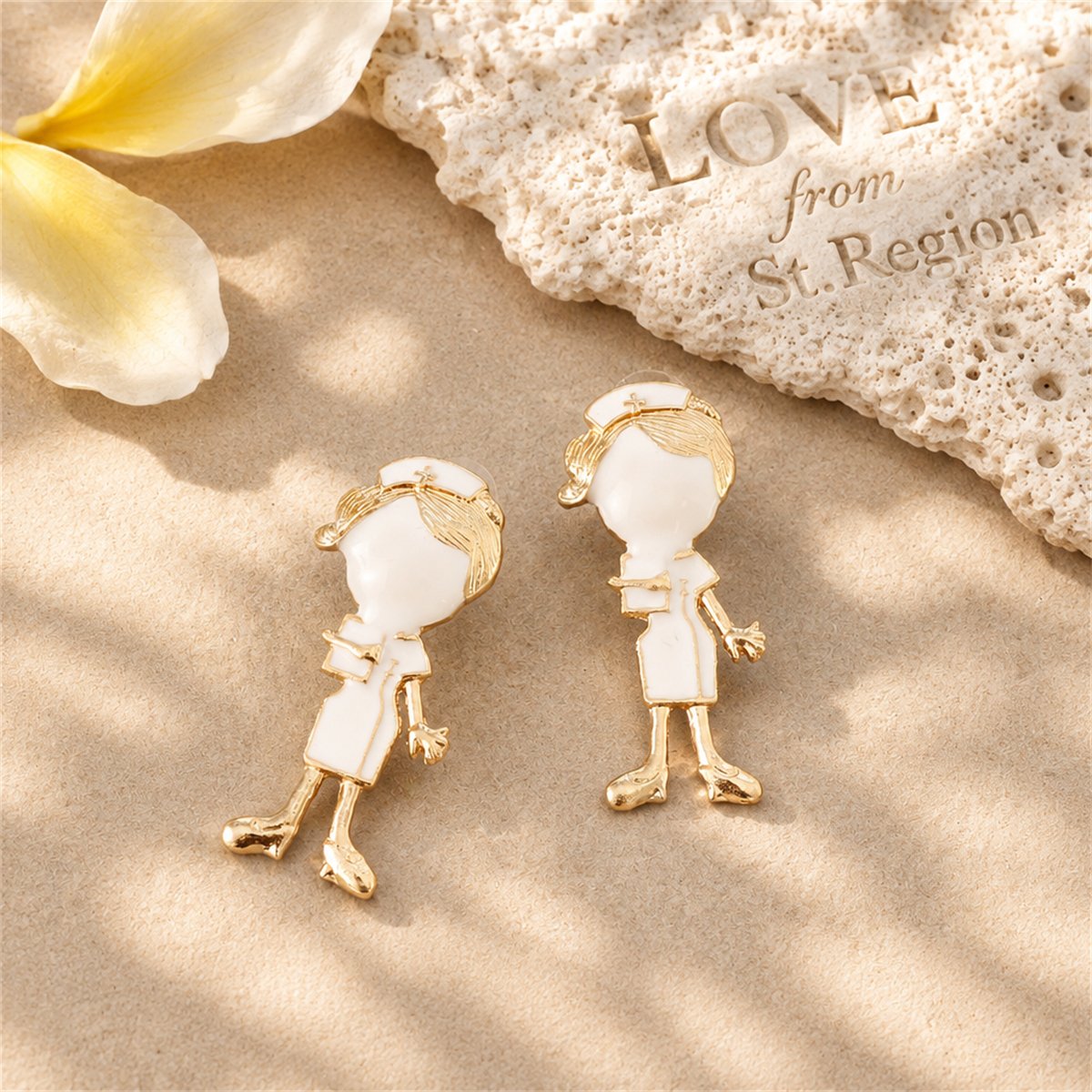 Enamel and 18K Gold-Plated Nurse Stud Earrings, gold stud earrings for women, elegant gift for her, lifestyle look