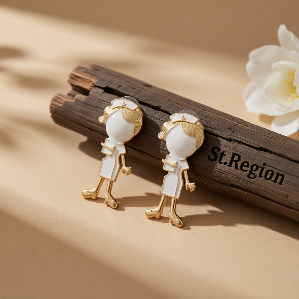 Enamel and 18K Gold-Plated Nurse Stud Earrings, gold stud earrings for women, elegant gift for her, front view