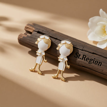 Enamel and 18K Gold-Plated Nurse Stud Earrings, gold stud earrings for women, elegant gift for her, front view