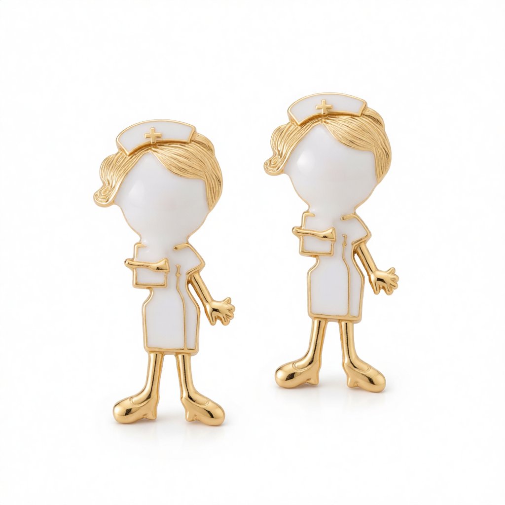 Enamel and 18K Gold-Plated Nurse Stud Earrings, gold stud earrings for women, elegant gift for her, side view