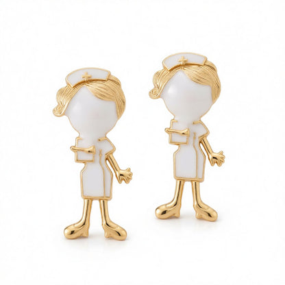 Enamel and 18K Gold-Plated Nurse Stud Earrings, gold stud earrings for women, elegant gift for her, side view