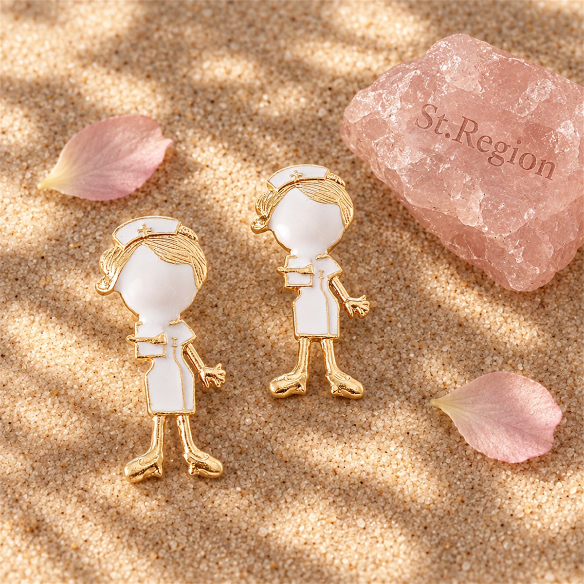 Enamel and 18K Gold-Plated Nurse Stud Earrings, gold stud earrings for women, elegant gift for her, detail close-up