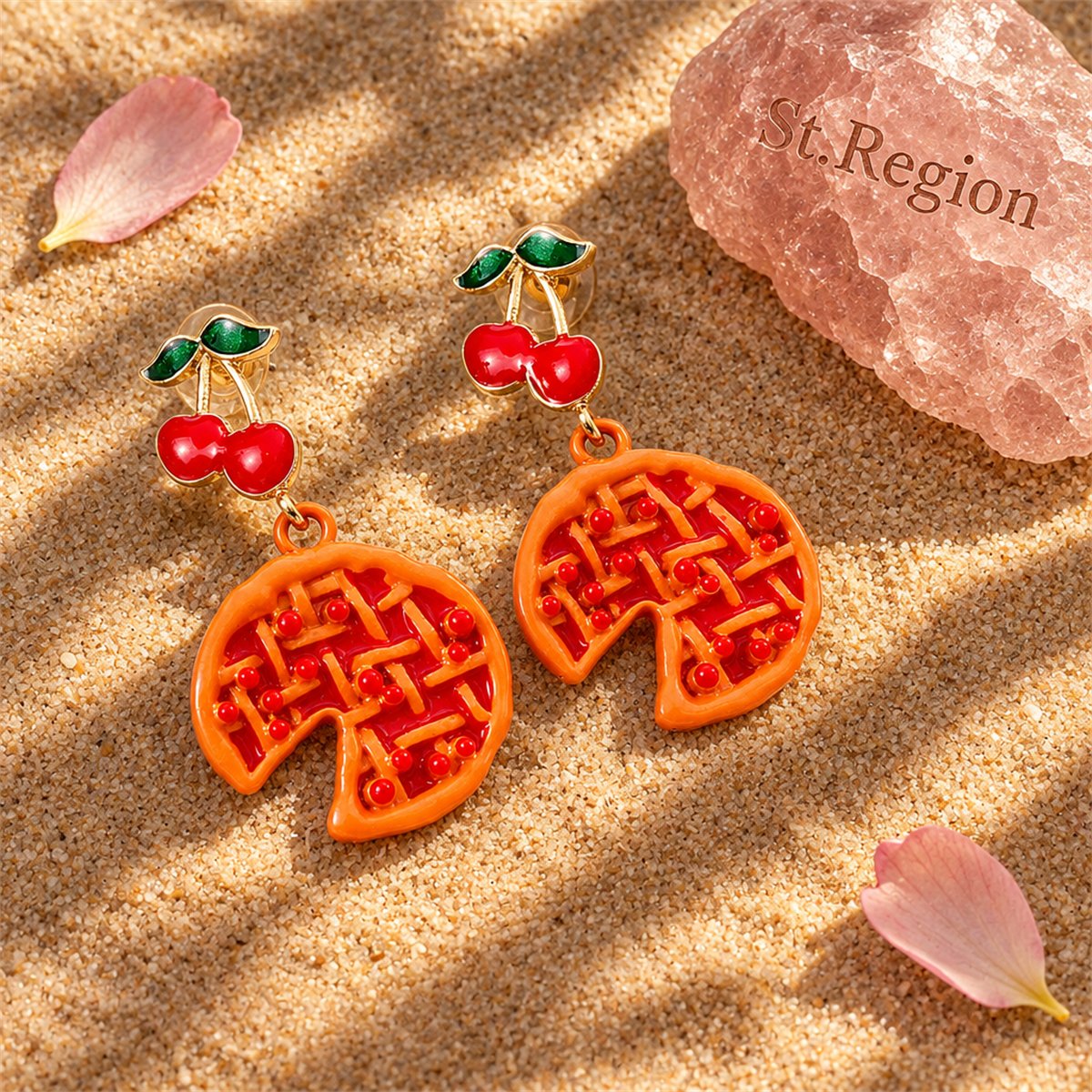 Orange Enamel and Resin Tiered Cherry Pomegranate Drop Earrings, drop earrings for women, detail close-up