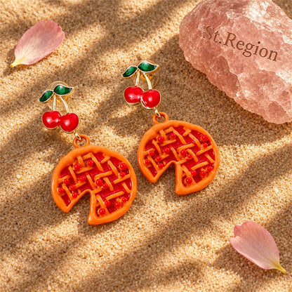 Orange Enamel and Resin Tiered Cherry Pomegranate Drop Earrings, drop earrings for women, detail close-up