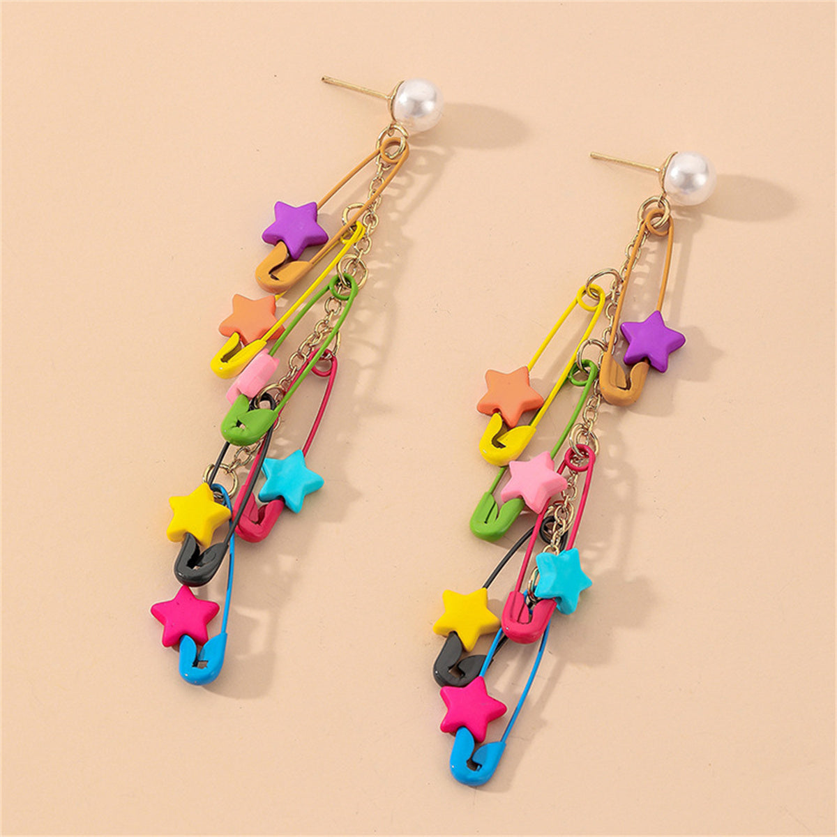 Pearl and Blue Acrylic Star Clip Tassel Drop Earring, drop earrings for women, dainty minimalist design, side view