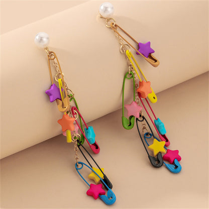 Pearl and Blue Acrylic Star Clip Tassel Drop Earring, drop earrings for women, dainty minimalist design, detail close-up