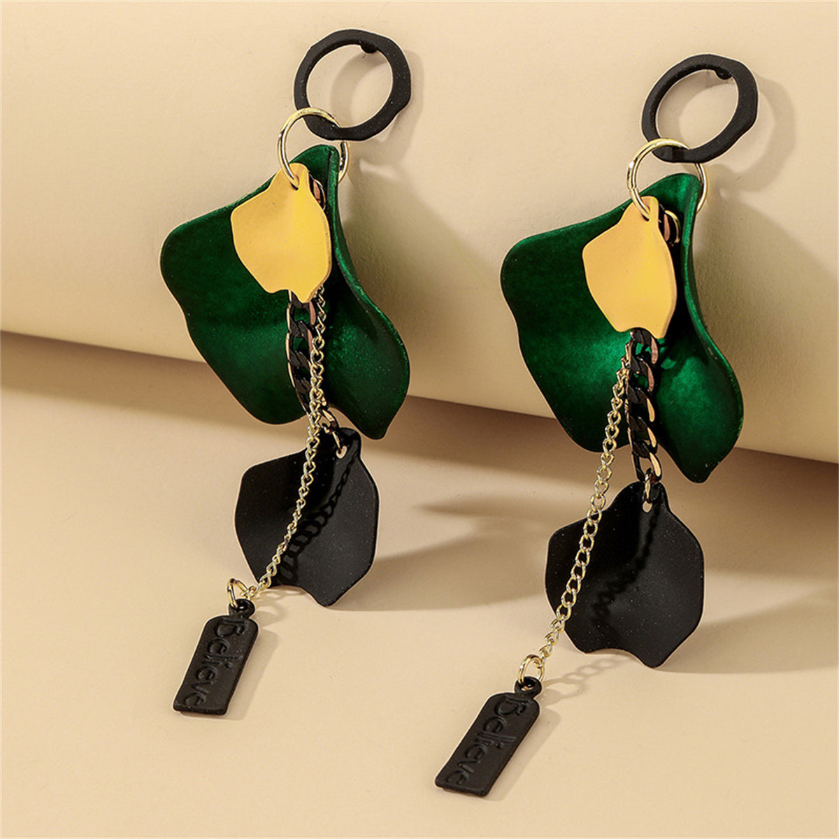 Green Acrylic and 18K Gold-Plated Rose Petal 'Believe' Drop Earrings, gold drop earrings for women, side view