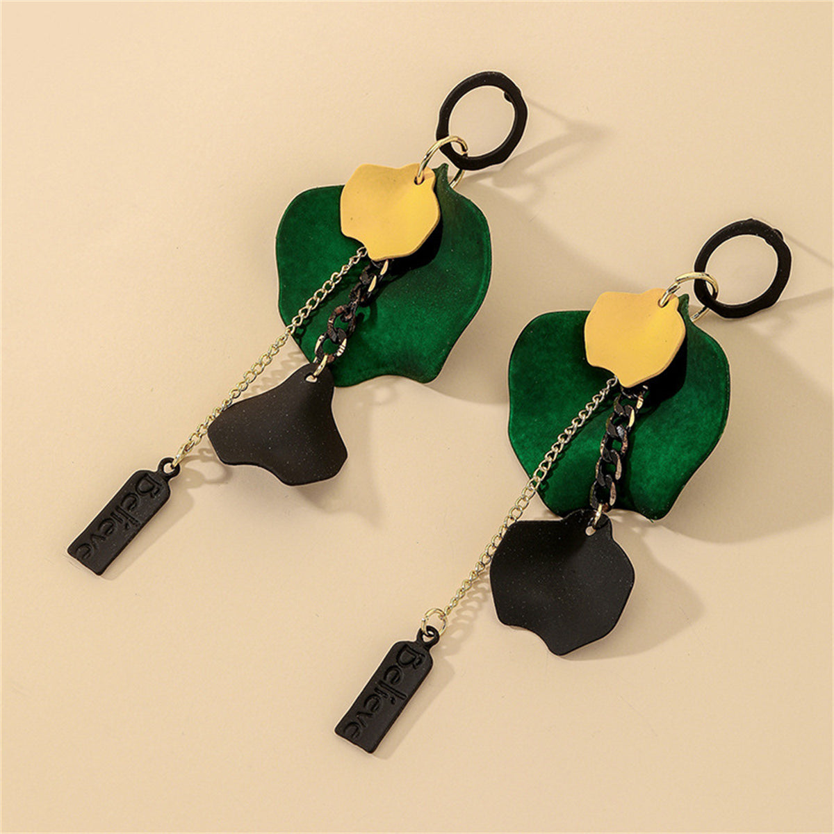 Green Acrylic and 18K Gold-Plated Rose Petal 'Believe' Drop Earrings, gold drop earrings for women, detail close-up