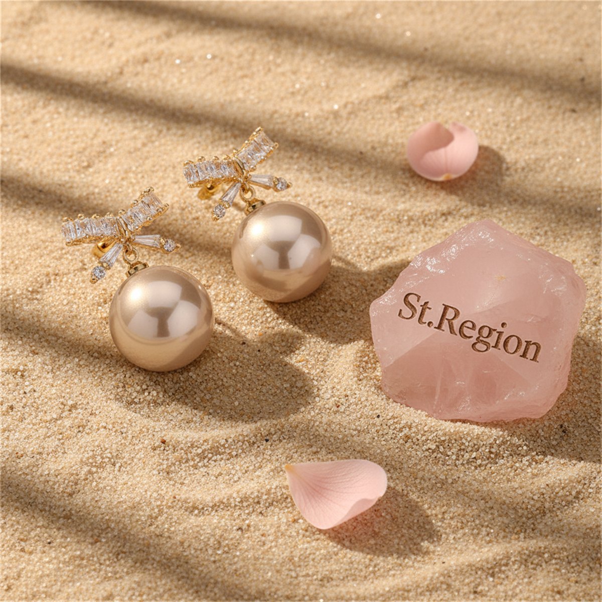 White Crystal and Pearl 18K Gold-Plated Bow Drop Earrings, gold drop earrings for women, detail close-up