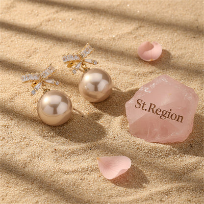 White Crystal and Pearl 18K Gold-Plated Bow Drop Earrings, gold drop earrings for women, detail close-up