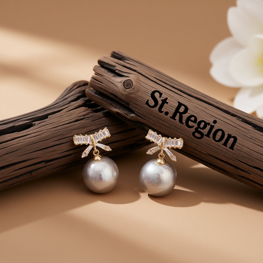 White Crystal and Pearl 18K Gold-Plated Bow Drop Earrings, gold drop earrings for women, dainty minimalist design, front view