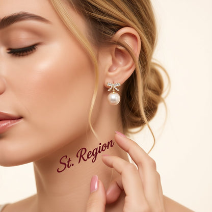 White Crystal and Pearl 18K Gold-Plated Bow Drop Earrings, gold drop earrings for women, styled look