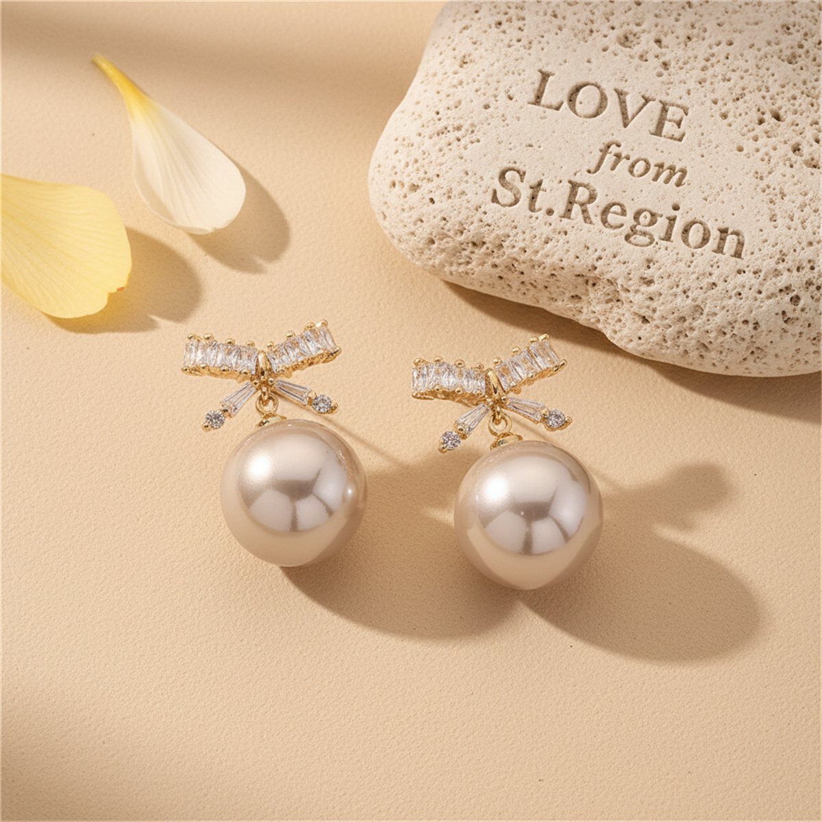 White Crystal and Pearl 18K Gold-Plated Bow Drop Earrings, gold drop earrings for women, lifestyle look