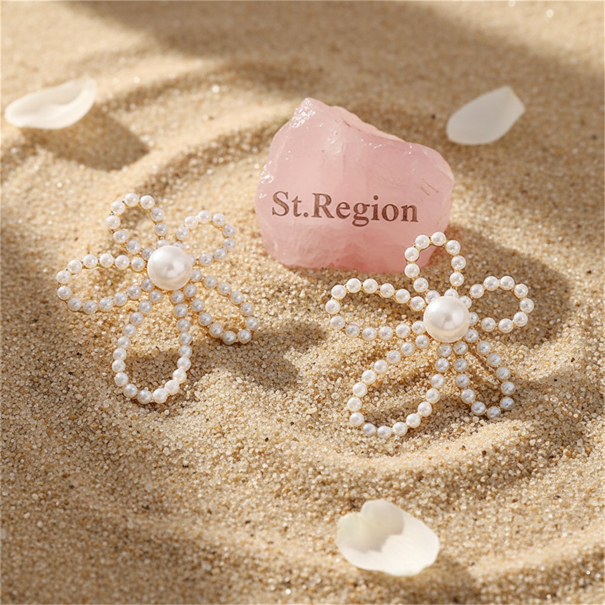 Pearl and 18K Gold-Plated Openwork Flower Stud Earrings, cubic zirconia stud earrings for women, detail close-up