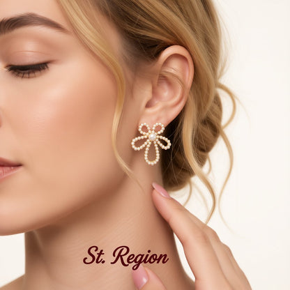 Pearl and 18K Gold-Plated Openwork Flower Stud Earrings, cubic zirconia stud earrings for women, styled look