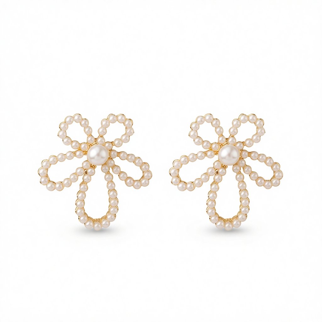 Pearl and 18K Gold-Plated Openwork Flower Stud Earrings, cubic zirconia stud earrings for women, side view