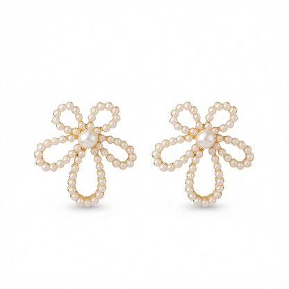 Pearl and 18K Gold-Plated Openwork Flower Stud Earrings, cubic zirconia stud earrings for women, side view