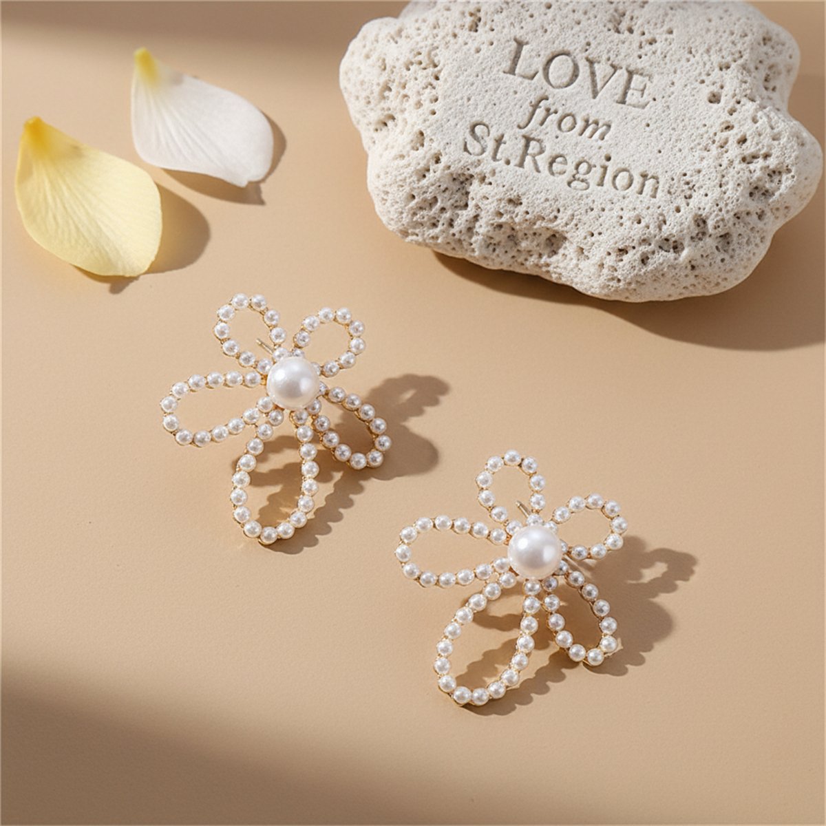 Pearl and 18K Gold-Plated Openwork Flower Stud Earrings, cubic zirconia stud earrings for women, lifestyle look