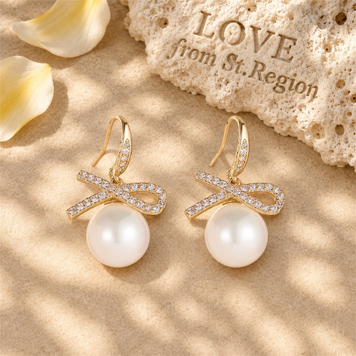White Cubic Zirconia and Pearl 18K Gold-Plated Bow Drop Earrings, gold drop earrings for women, lifestyle look