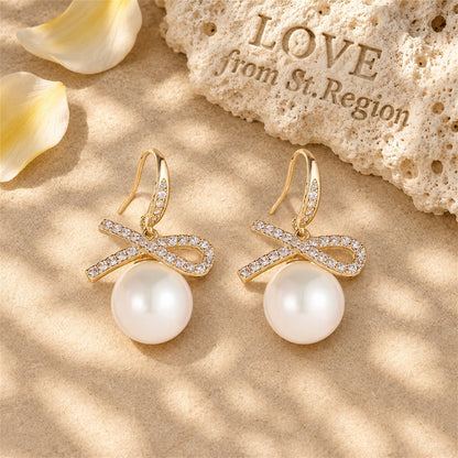 White Cubic Zirconia and Pearl 18K Gold-Plated Bow Drop Earrings, gold drop earrings for women, lifestyle look