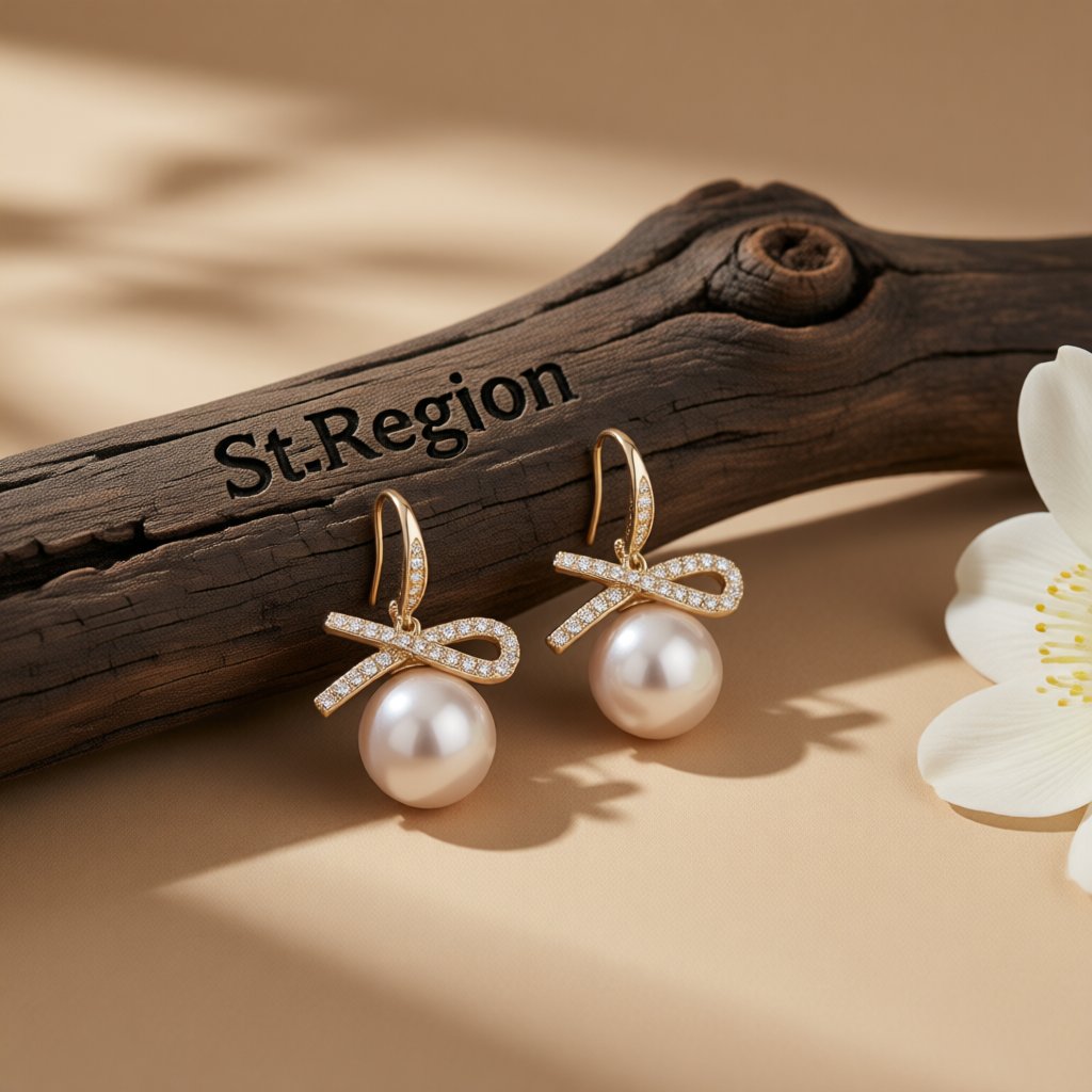 White Cubic Zirconia and Pearl 18K Gold-Plated Bow Drop Earrings, gold drop earrings for women, front view