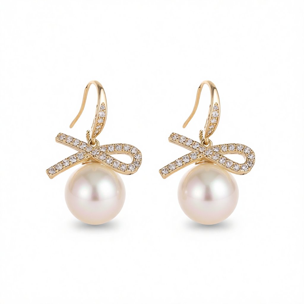 White Cubic Zirconia and Pearl 18K Gold-Plated Bow Drop Earrings, gold drop earrings for women, side view
