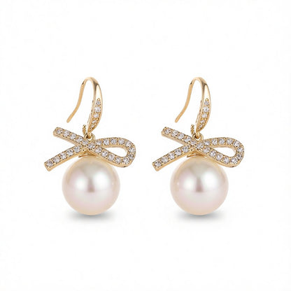 White Cubic Zirconia and Pearl 18K Gold-Plated Bow Drop Earrings, gold drop earrings for women, side view