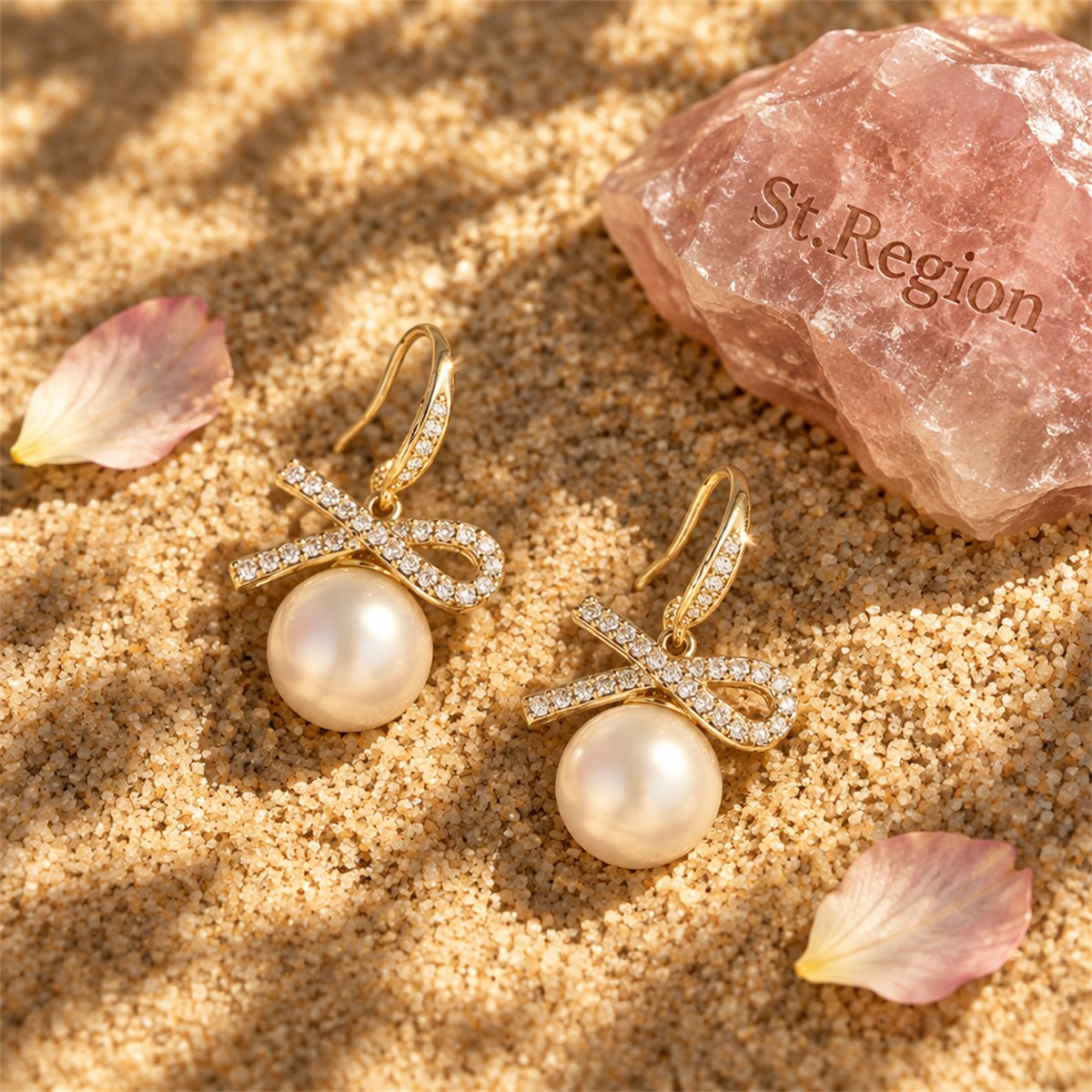 White Cubic Zirconia and Pearl 18K Gold-Plated Bow Drop Earrings, gold drop earrings for women, detail close-up