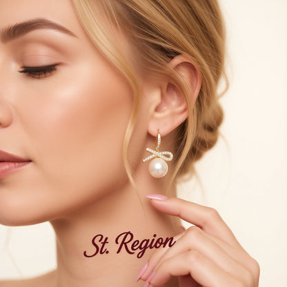 White Cubic Zirconia and Pearl 18K Gold-Plated Bow Drop Earrings, gold drop earrings for women, styled look