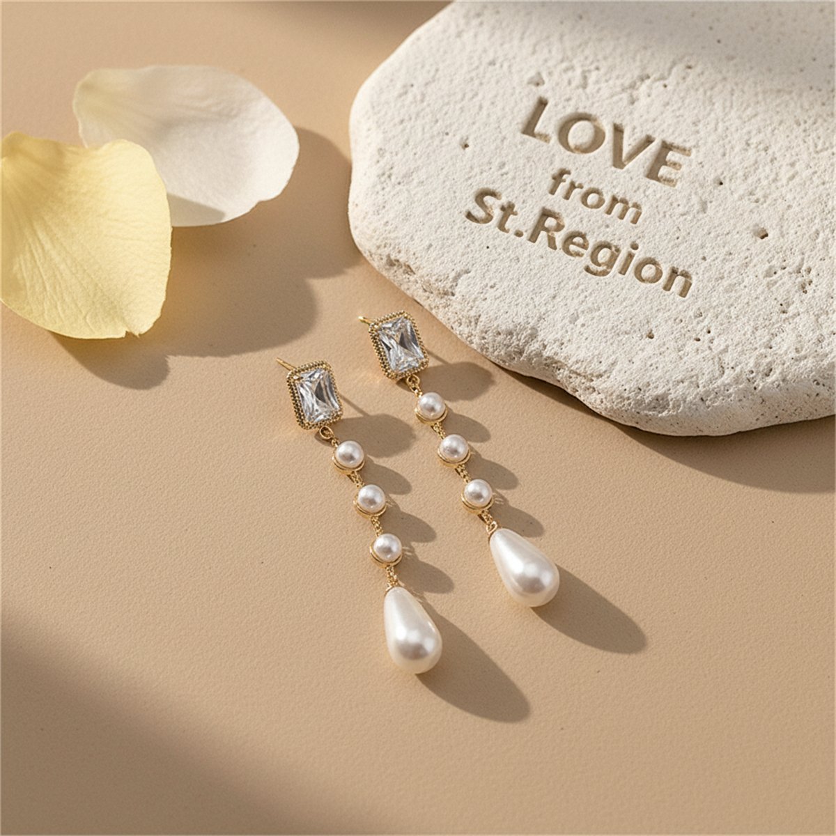 White Crystal and Pearl 18K Gold-Plated Drop Earrings, gold drop earrings for women, elegant gift for her, lifestyle look
