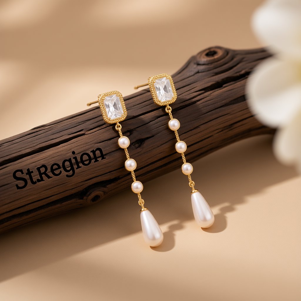 White Crystal and Pearl 18K Gold-Plated Drop Earrings, gold drop earrings for women, elegant gift for her, front view